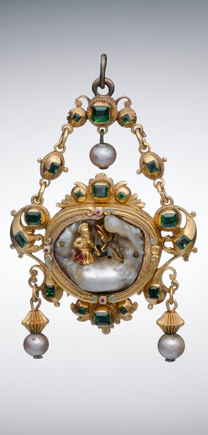 Pendant with the Penitent Saint Jerome, mid-17th - early 18th century, Spain, gold, enamels, emeralds, baroque pearl, and pearls, 6.5 x 4.1 cm (2 9/16 x 1 5/8 in.) 17th Century Jewelry, 18th Century Jewelry, Saint Jerome, Baroque Jewelry, Pentathlon, Ancient Jewellery, The Art Institute Of Chicago, Historical Jewellery, Medieval Jewelry