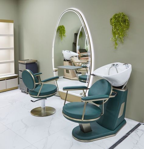 Sage Green Hair Salon Decor, Sage Green Salon Decor, Sage Green Hair Salon, Sage Green Salon, Saloon Chair, Salon Sink, Salon Equipment Furniture, Hair Salon Chairs, Champagne Collection