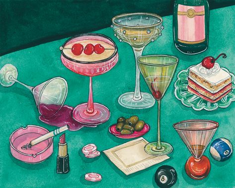 For the Girls Art Print is a print of a my hand drawn watercolor painting featuring champagne and spritz cocktails in varying glasses and garnished with cherries. It also features an ash tray, lipstick, poker chips, green olives, a cake slice, and pool table balls. It is printed on a cold press, watercolor textured paper. Acid free, archival, and very sturdy with a matte finish. They are quickly shipped in both a plastic protective sleeve and a rigid mailer to ensure its safety during shipping. Each print is made to order- printed, cut, and packaged by hand in my home. Sizes: 5x7, 8x10, 11x14Please note! No frame is included- they are just the physical print but are ready to be framed in your own style of frame.*This is a reproduction of the original watercolor painting. Colors may differ Poker Table Painting, Table Setting Painting, Table Scape Painting, Cool Prints For Wall, Water Colour Painting Ideas, Drinks Painting, Pool Table Balls, Cocktail Painting, Spritz Cocktails