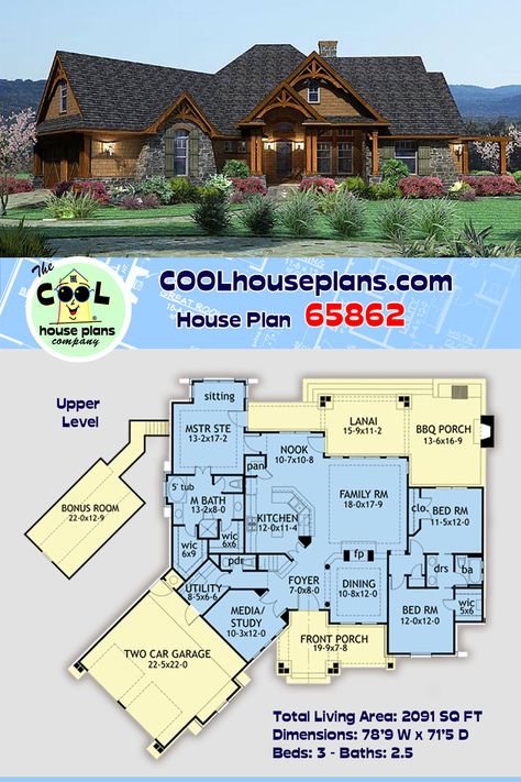 This Tuscan home plan, with 2,091-square-feet, is one of our most popular home plans. On the inside, a study is situated so you can see arriving clients and welcome them immediately. The kids will appreciate the Jack-and-Jill bath, not found in most house plans. And don’t overlook the stunning master suite! Friends will gravitate toward your home in the summer, to enjoy the lanai and barbecue porch. Floor plans are available for an optional basement, which incorporates a spacious guest suite. Tuscan Home Plans, Tuscan Style House, Cool House Plans, Modern Log Home, Cottage Craftsman, Tuscan House Plans, Tuscan Home, Log Cabin Living, Tuscan Style Homes