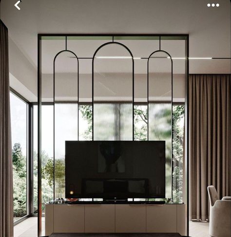 Tv In Partition Wall, Tv Partition Bedroom, Tv Panel Partition Design, Tv Unit On Partition Wall, Tv On Partition, Partition Tv Unit Design, Tv Unit With Window, Partition With Tv Unit Interior Design, Tv Unit With Partition Design