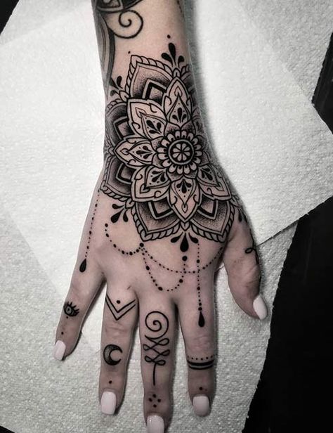 Permanent Henna Tattoo Designs, Spiritual Hand Tattoo, Henna Style Hand Tattoo, Mandala Tattoo Design Hand, Back Of The Hand Tattoo, Hand Tattoos For Women Mandala, Mandala Tattoo Design Women Hand, Mandala Tattoo Design Forearm, Hand Tattoos Mandala