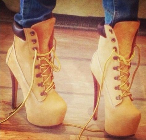 Timberland High Heels, Timberland Heels, Bff Drawings, Timberlands, Stiletto Boots, Fabulous Shoes, Crazy Shoes, Dream Shoes, Shoe Obsession