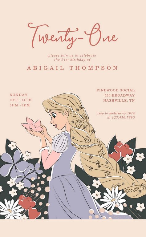 Disney Princess Rapunzel | 21st Birthday Invitation Rapunzel Birthday Party Invitations, Disney Princesses Invitation, Rapunzel Birthday Invitation Template, Disney Princess Birthday Inv, Disney Princess Invitation Layout, 19 Birthday, Disneyland Photography, Disney Princess Rapunzel, Princess Birthday Invitations