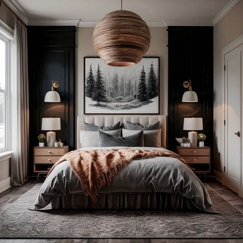 Black White And Wood Tones Bedroom, Accent Wall With Black Bed, Browns And Black Bedroom, Black Male Bedroom Ideas, Charcoal And Tan Bedroom, Bedroom Ideas With Black Accent Wall, Off White And Black Bedroom, Neutral With Black Accents Bedroom, Small Bedroom Ideas Black Furniture