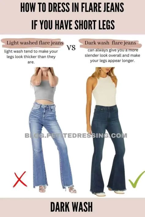 Petite Flare Jeans, Make Your Legs Look Longer, Flare Jeans Outfit, Womens Flare Jeans, Dark Wash Flare Jeans, Flare Leg Jeans, Short Legs, Jeans Outfit, Dark Wash Jeans