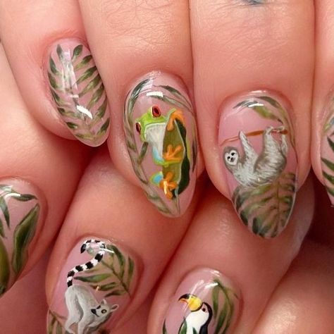 Scratch on Instagram: "Here's a design that blew us away this week: @jmoneynails paints a rainforest and its inhabitants across nails 🌿🐸🦥 Which animal is your favourite? 😍 #nails #nailart #nailtech #nailartist #nailpro #handpaintednails #handpaintednailart #rainforestnails #frognails #slothnails #lemurnails #toucannails #nailsoftheday" Sloth Nails, Animal Nail Designs, Animal Nail Art, G Nails, Animal Nails, Painted Nail Art, Nails Only, Nails For Kids, Nail Pro