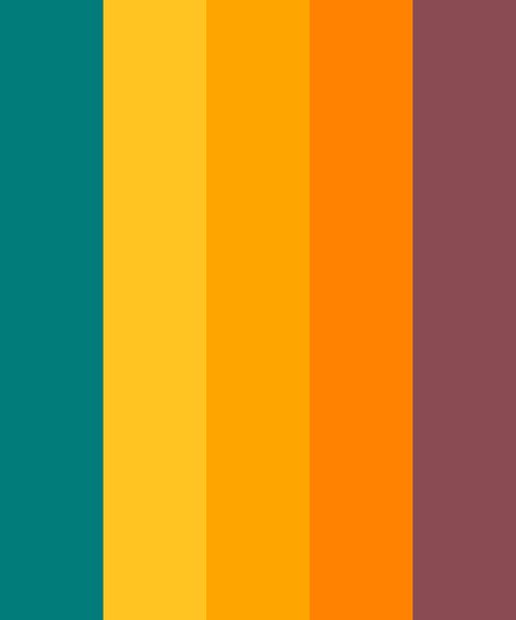 Teal and Mango Orange Color Palette Teal Yellow Red Color Palette, Mango Color Palette, Orange Room Color, Victorian Eclectic, Colour Pop Interior, Orange Color Scheme, Teal Color Palette, Orange Color Palette, Mango Color