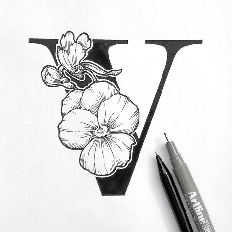 V for #Viola! I wonder if the musical instrument is actually named after it? Or vice versa? What flower should I draw for the letter W? V Drawing, Fancy Letters, Anime Canvas Art, Unique Drawings, Hand Type, Letter W, Geometric Logo, Celtic Art, Letter V