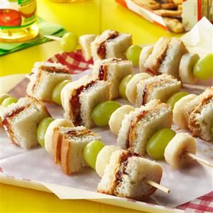 PBJ on a Stick Recipe -I always try to come up with new ways to serve lunch to my kids. This recipe was a hit! —Sara Martin, Brookfield, Wisconsin Bible School Snacks, Brookfield Wisconsin, Kids Picnic, Kids Cooking Recipes, Party Finger Foods, Kid Friendly Dinner, Picnic Food, On A Stick, Picnic Foods