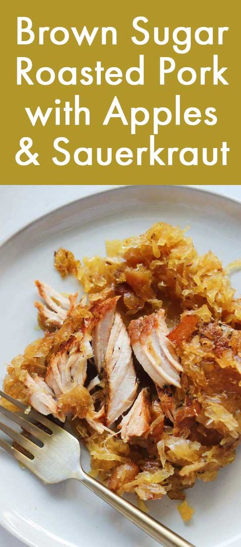 This sweet sauerkraut pork is slow cooked with apples and brown sugar. It's a super easy recipe that is full of flavor! Pork Roast With Sauerkraut And Apples, Pork Chops With Sauerkraut And Apples, Pork Chops Sauerkraut Apples, Sourkraut And Pork Recipes, Sauerkraut Pork Chops, Pork Chop And Sauerkraut Recipes, Pork Chops And Sauerkraut In Oven, Meals With Sauerkraut, Country Ribs And Sauerkraut