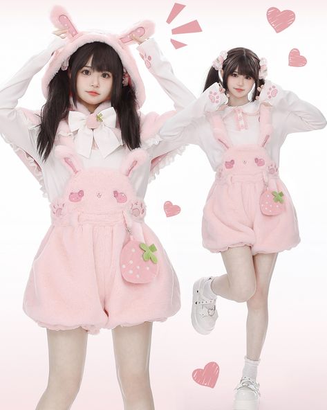 Super cute winter fleece overall shorts and skirts! 🐤🐇🧸 Now available for preorder. Find them here: https://www.devilinspired.com/to-alice 🐧 Stay tuned, the penguin version is coming soon! #kawaii #cutecore #kawaiifashion #cuteclothes Kawaii Wardrobe, Cute Bunny Plush, Pink Bunny Ears, Pastel Clothing, Dark Blue Plaid, Bubble Shorts, Steampunk Fashion Male, Strawberry Design, Bunny Design