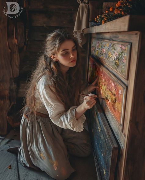 Feyre Painting Cabin, Feyre Dresser Painting, Feyre Dresser, Feyre Painting, Painting Dresser, Dresser Painting, Bookish Art, Cottage Painting, Art Studio