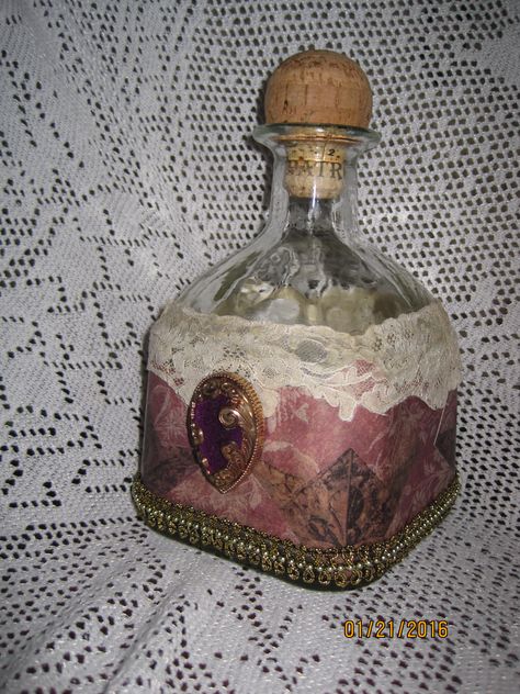 altered Patron bottle Don Julio Bottle, Wine Jug Crafts, Patron Bottle Crafts, Patron Bottles, Bottle Upcycle, Recycle Bottles, Bottle Decoration Ideas, Bedazzled Liquor Bottles, Reuse Wine Bottles