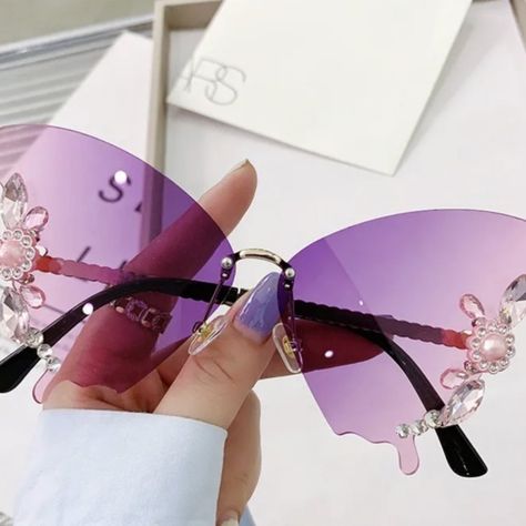 Embellished Tinted Purple Sunglasses Hanging Tassels, Novelty Sunglasses, Purple Sunglasses, Diamond Butterfly, Cute Glasses, Prom Style, Summer Sunglasses, Butterfly Sunglasses, Rimless Sunglasses