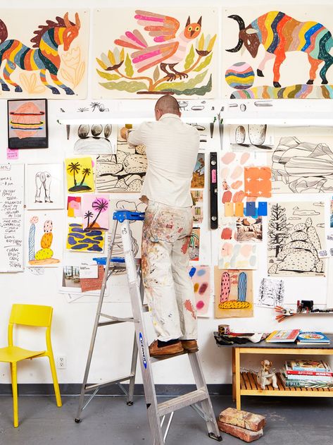 Expressive Color Is the Connector Between This L.A. Artist’s Studio and Home | domino Community Art Studio, Studio Space Ideas, Large Art Studio, Dream Art Studio, Artwork Photoshoot, Abel Macias, Artist Apartment, Artist Home Studio, Gentle Living