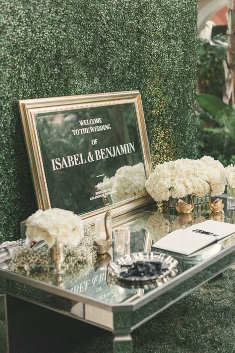 Wall Of Greenery, Planning 2025, Bridal Era, Wedding Welcome Table, Hedge Wall, Mirror Wedding, Wedding Mirror, Welcome Table, Photo Guest Book