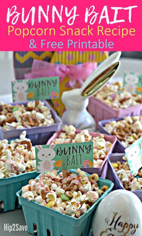 Bunny Bait (Easter Popcorn Snack) �– Hip2Save Easter Theme Snacks, Some Bunny Is One Decorations, Fun Easter Snacks, Easy Easter Snacks, Easter Popcorn, Bunny Birthday Theme, Easter Food Appetizers, Easter Birthday Party, Easter Party Food