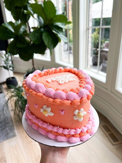 Colorful Heart Cake, Retro Cake Aesthetic, Pink And Orange Heart Cake, Vintage Pink Birthday, Two Groovy Birthday Cake, Retro Heart Cake, Hippie Birthday Cake, Groovy Cake Ideas, Pink And Orange Cake