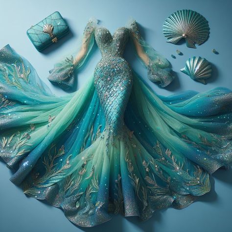 Goddess Of The Sea Costume, Fantasy Mermaid Dress, Ariel Prom Dress, Ocean Themed Clothes, Sea Theme Dress, Sea Inspired Dress, Sea Inspired Outfits, Ocean Theme Dress, Unrealistic Dresses