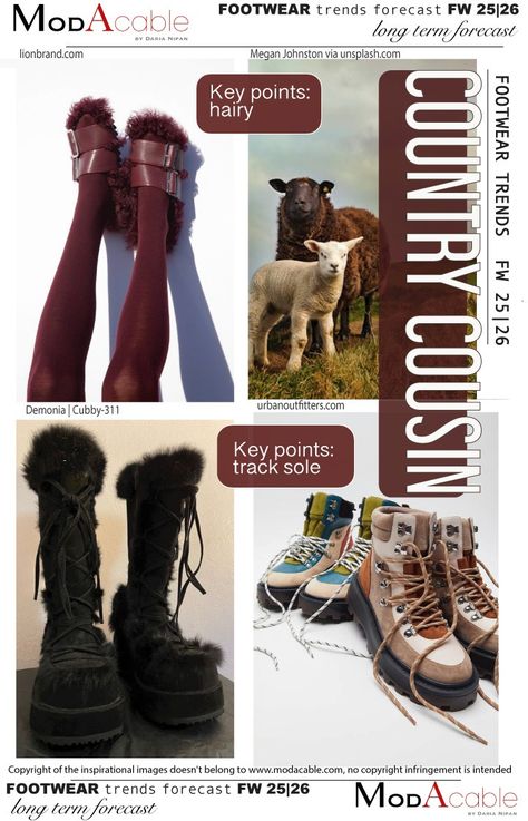 FW 25.26 footwear trend Country cousin - ModaCable Gamine Face, Kidswear Trends, Kibbe Romantic, Shaping Swimwear, Trends Shoes, Knitwear Trends, Fashion Trend Forecast, Trend Fabrics, Outerwear Trends