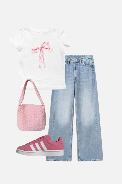 If you love the bow aesthetic / coquette aesthetic then check out this cute bow graphic tee outfit idea. Click to shop and view more cute pink outfits like this. Grafic Tee Outfit, Bow Tops Outfit, Cute Pink Outfits, Bow Outfit, Graphic Tee Outfit, Bow Graphic, Bow Aesthetic, Grafic Tees, Graphic Tee Outfits