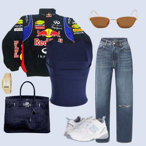 incase you were planning on getting a Formula1 redbull jacket, this is how to wear it Formula 1 Jacket Women, Redbull Jacket Outfit, F1 Wag Outfit Ideas, Redbull Outfits, Formula 1 Race Outfit Women, Race Car Outfits For Women, Formula One Outfit Women, F1 Race Outfit For Women, Formula 1 Outfit Women