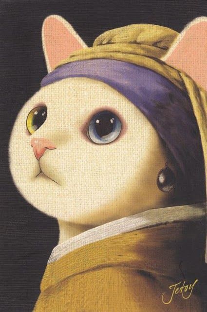 Cat with a Pearl Earring. LOL, Hilarious, the original "Girl With A Pearl Earing" is one of favorites. TG Gatto Carino, Istoria Artei, Söt Katt, 강아지 그림, Art Parody, Cat Eyes, Cats Illustration, Pearl Earring, Arte Animal