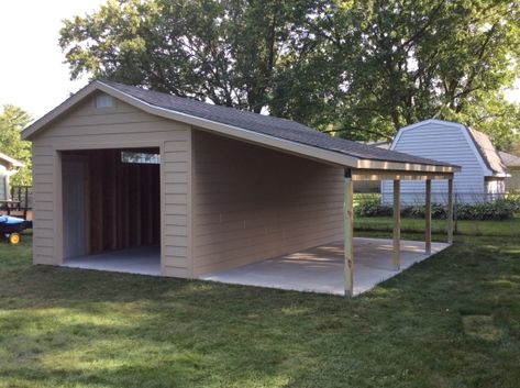 Shop Lean Too, Garden Shed With Lean To, Large Lean To Shed, Storage Building With Lean To, Add On To Shed, She’d With Lean To, Shed Lean To Ideas, Garage With Attached Covered Patio, Garage With Lean To On Both Sides