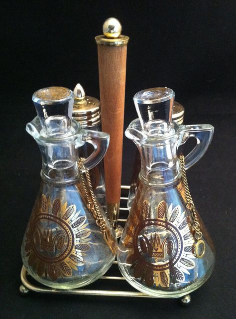 1950's Georges Briard Oil and Vinegar Cruet Set Mid by cerritorose Vinegar And Oil, Character Pattern, Angel Candle Holder, Georges Briard, Vinegar Cruet, Metal Letters, Mid Century House, Vintage Pottery, Wine Decanter