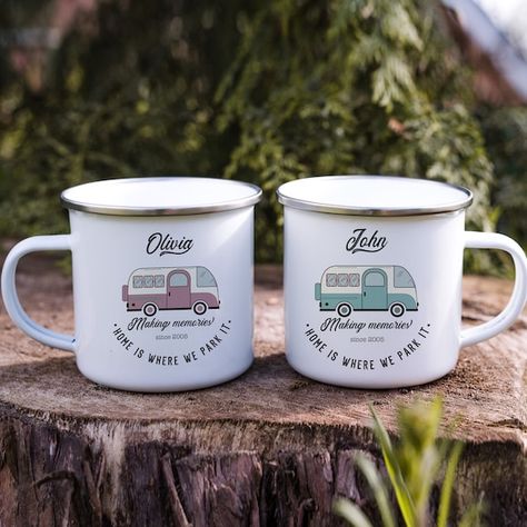 Campervan Enamel Camp Mug / Personalised camper van gift / | Etsy Travel Presents, Retro Caravan, Photo Keyrings, Travel Coffee Cup, Cute Surprises, Photo Coasters, Trim Design, Camp Mug, Couple Travel