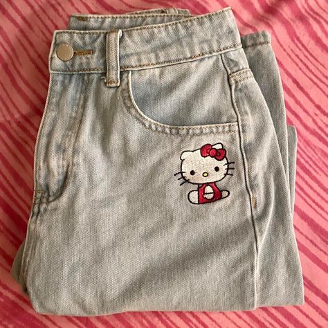 Sanrio Hello Kitty And Friends X Shein Collab Collection Jeans / Pants. New Without Tags. The Pants Are More Loose Fitting On Me Than I Liked Since I’m More Of A Skinny Jeans Person, And I Tried Washing Them To See If They Would Fit Better But It Didn’t. Size S (4). Cute Jeans For Kids, Garfield Pajama Pants, Starting Embroidery, Hello Kitty Clothing, Hello Kitty Jeans, Girly Streetwear, Hello Kitty Pants, Sanrio Clothes, Sanrio Clothing