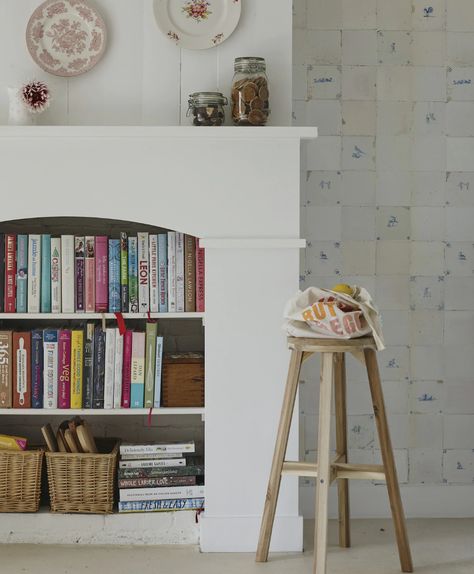 Fireplace Into Bookshelf, Fireplace As Storage, Shelves In Fireplace, Books In A Fireplace, Fireplace Book Storage, Bookshelf In Fireplace, Fireplace Space Ideas, Fireplace Not In Use, Fireplace Toy Storage