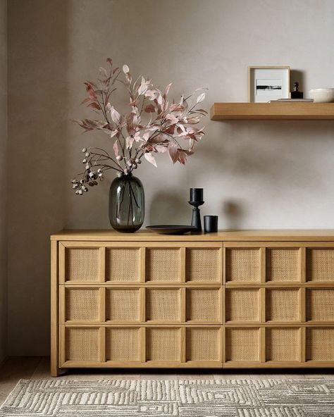 Crate and Barrel (@crateandbarrel) • Instagram photos and videos Black And Wooden Furniture, How To Style A Credenza, Black And Natural Wood Decor, Dresser Designs, Japanese Furniture Design, Mantel Bookshelf, Willow Eucalyptus, Furniture Styling, Brass Frames