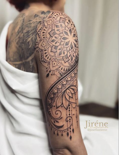 Henna Mandala Tattoo, Fine Line Upper Arm Tattoo, Inner Forearm Mandala Tattoo Women, Shoulder Sleeve Tattoos For Women Unique, Mandala Upper Arm Tattoo, Upper Arm Mandala Tattoos For Women, Shoulder Mandala Tattoos For Women, Womens Mandala Sleeve Tattoo, Hand Arm Tattoos For Women