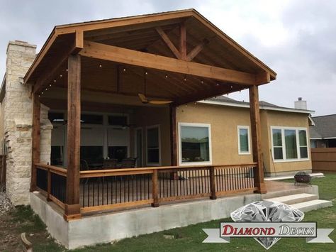 Patio cover 4 - a beautiful Patio cover we built recently for our client in Texas. Check out more photos of our work so you can see the type and styles of #Patio covers we can build- https://www.diamonddeckstx.com/patio-covers-sunrooms-screened-in-porches #PatioCovers #SanAntonioPatiobuilders #Patiobuilders Cabin Porch Ideas, Deck Over Concrete, Decorative Concrete Patio, Deck And Patio, Indian Lake, Building A Porch, Patio Covers, Covered Deck, Waterfalls Backyard