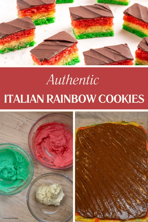 Everyone loves Italian Rainbow cookies.  The soft and colorful layers of almond cake surrounded by chocolate make them hard to resist! You may know these cookies as Italian flag, Tri-color, Venetian, Neapolitan, or seven-layer cookies. Whatever you call them, they are everyone’s favorite cookies. o need to go to the bakery with my easy-to-follow recipe! Neapolitan Cookies Recipe, Rainbow Cookie Cake, Almond Sponge Cake, 7 Layer Cookies, Rainbow Cookies Recipe, Christmas Sweets And Treats, Authentic Italian Desserts, Holiday Cookie Gift, Italian Dessert Recipes