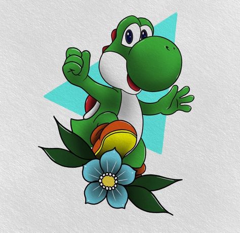 Yoshi Tattoo Design, Yoshi Artwork, Yoshi Tattoos, Super Mario Tattoo Ideas, Yoshi Sketch, Yoshi Painting, Nintendo Tattoos, Yoshi Tattoo, Yoshi Art