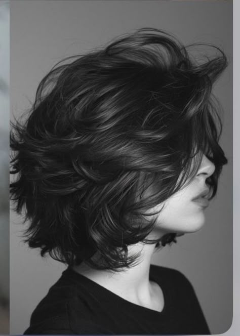 Short Styled Hair Women, Short Haircuts For Poofy Hair, Really Short Wavy Haircuts, Short Black Hair Money Piece, Straight Black Short Hair, Layer Cut In Short Hair, Back Layers Short Hair, Short Hair Lots Of Layers Texture, Short Dark Hair Layers