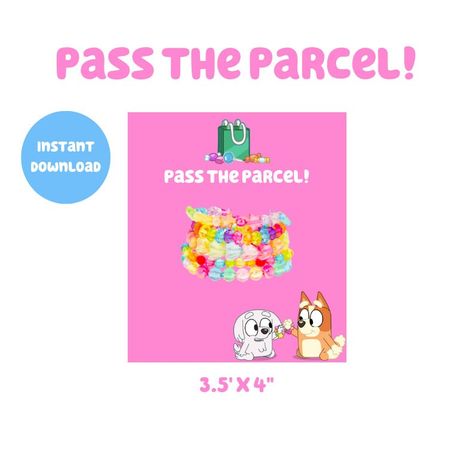 Pass The Parcel! This party favor takes after a Birthday Party Classic Bluey Episode! Perfect to fill with a VARIETY of different party favors. Such as bracelets, rings, candy, etc! The choices are yours! YOU WILL RECEIVE: 1 File in PDF Format ♡ HOW IT WORKS: Once your payment is confirmed, your download will be available through your confirmation email from Etsy or at https://www.etsy.com/your/purchases. ☆ This is a digital product, no physical item will be shipped. ☆ Due to the nature of this Bluey Episode, Bluey Party Favors, Pass The Parcel Game, Pass The Parcel, Bday Party Invitations, Bluey Party, Bluey Birthday, Bday Invitations, Pinterest Ideas