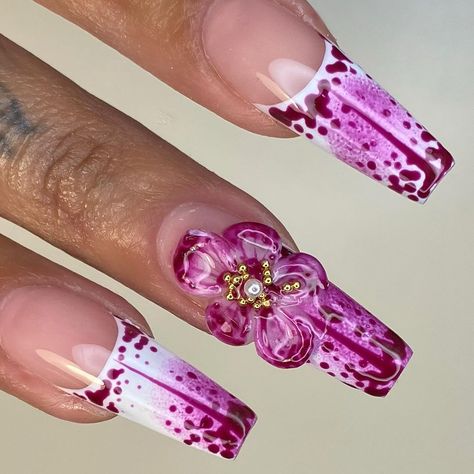 Orchid Acrylic Nails, Orchid Nails Square, Orchid Nail Designs, Orchid Nails, Lily Nails, Nails 3d, Pretty Gel Nails, Glam Nails, Get Nails