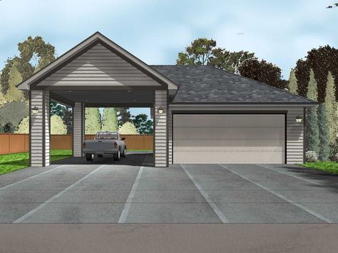 050G-0080: 2-Car Garage Plan with Carport Rv Port, Rv Garage Plans, Garage Plans Detached, Garage Addition, Garage Exterior, Garage Style, Building A Porch, Carport Garage, Carport Designs