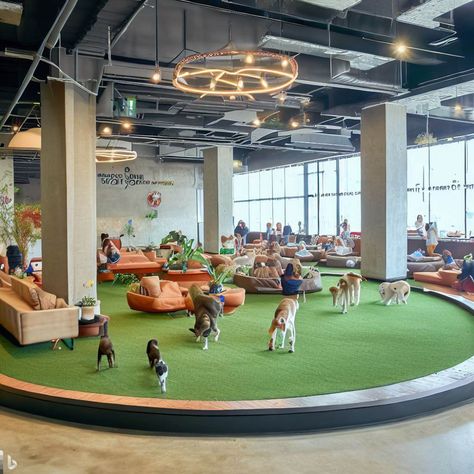 a large open space with high ceilings, several dogs running and playing in an indoor dog park with a ring around a grass area, many plants and comfortable couch seating in sections with a bar, showing dog owners socializing and having fun while dog are at play - Image Creator Dog Park Design Architecture, Dog Indoor Play Area, Dog Playground Ideas, Dog Park Design, Dog Daycare Design, Dog Sanctuary, Dog Play Area, Indoor Dog Park, Pet Center