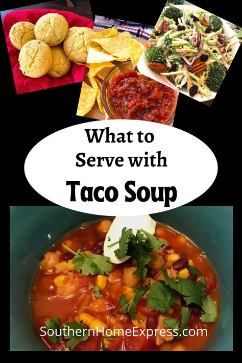 It's always good to have tasty side dishes and yummy desserts for any meal. Here you'll find what to serve with taco soup. Easy Homemade Soups, Soup Bar, Taco Side Dishes, Delicious Cornbread, Mexican Soup, Easy Chicken Breast, Homemade Soup Recipe, Chicken Taco Soup, Slow Cooker Tacos