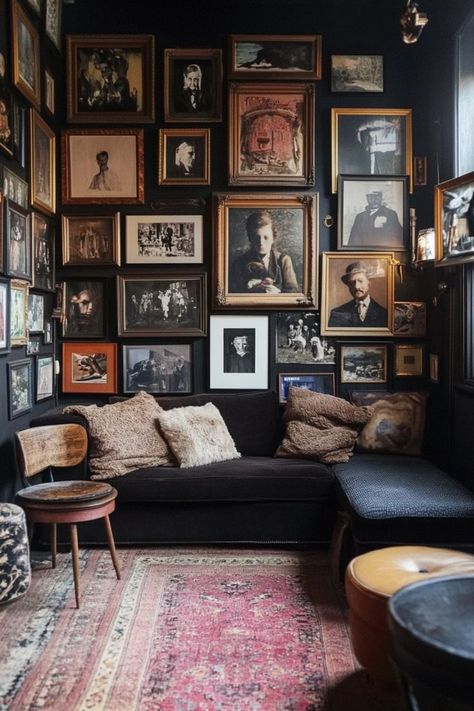 Create a unique and meaningful gallery wall with a mix of family photos, travel souvenirs, and original art. This personalized approach to wall decor not only adds visual interest but also tells your story. 🖼🖋💖 #GalleryWall #PersonalizedDecor #UniqueHomeStyle #WallArt Victorian Living Room Wall Art, Moody Victorian Library, Black Wall Home Office Ideas, Moody Living Room Chesterfield, Dark Cottage Living Room Ideas, Bookends On Mantle, Vintage Office Wall Decor, Dark Craftsman Interior, Scandinavian Dark Academia