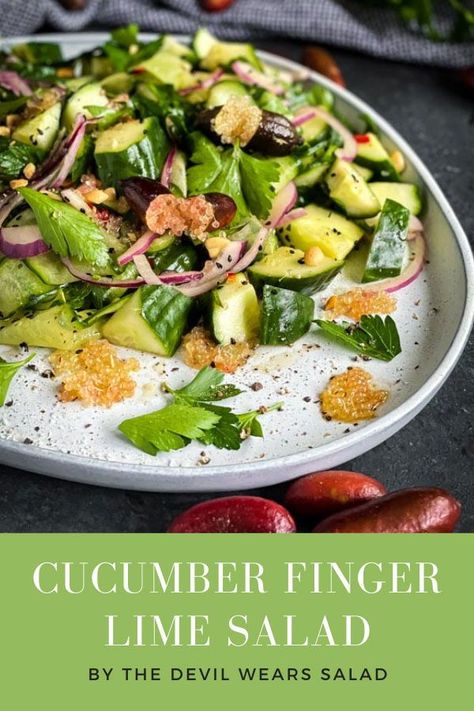 Explosive. Zesty. Tart. Native. Caviar. Bushfood. Expressive words to describe the ever so trendy, yet ancient Australian finger lime. No better partner than one that lets it shine, the humble cucumber gives crunch and freshness. What a salad! Finger Lime Recipes, Australian Salad, Dairy Free Salad Recipes, Healthy Choice Meals, Gluten Free Salad Recipes, Native Recipes, Simple Cucumber Salad, Indigenous Recipes, Dairy Free Salad