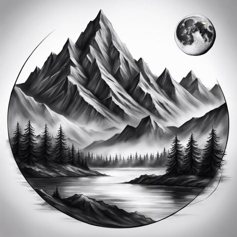 Mountain Waterfall Drawing, Mountain And River Tattoo, Montagne Tattoo, Tree And Mountain Tattoo, Mountain Scene Tattoo, Camping Tattoo, River Tattoo, Colour Tattoo For Women, River Waterfall