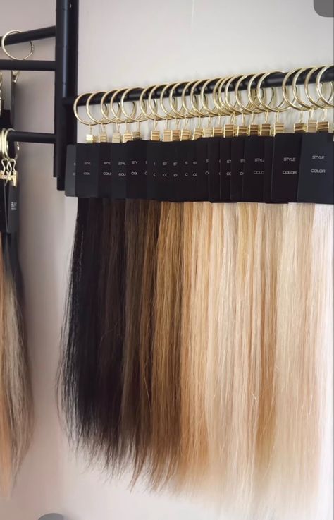 Pictures Of Hair Extensions, Hair Extension Hanger, Hair Extension Organization, Hair Extension Display Rack, Salon Vision Board Ideas, Extension Display Salon, Wig Boutique Ideas, Hair Extension Specialist, Hair Extension Display Wall