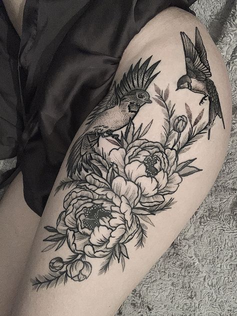 Bird And Mandala Tattoo, Bird And Skull Tattoo, Bird Tattoo Thigh, Bird Thigh Tattoo, Bird Tattoo Leg, Bird Leg Tattoo, Flora And Fauna Tattoo, Birds And Flowers Tattoo, Flower Bird Tattoo