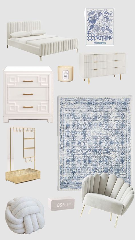 Bedroom Inspo Shuffles, Blue White Room Decor, Gold And Blue Room Decor, Room Ideas Aesthetic Blue And White, White Gold And Blue Bedroom, Blue And White And Gold Bedroom, Classic Room Aesthetic, Room Inspo Blue And White, Blue And White Teen Bedroom